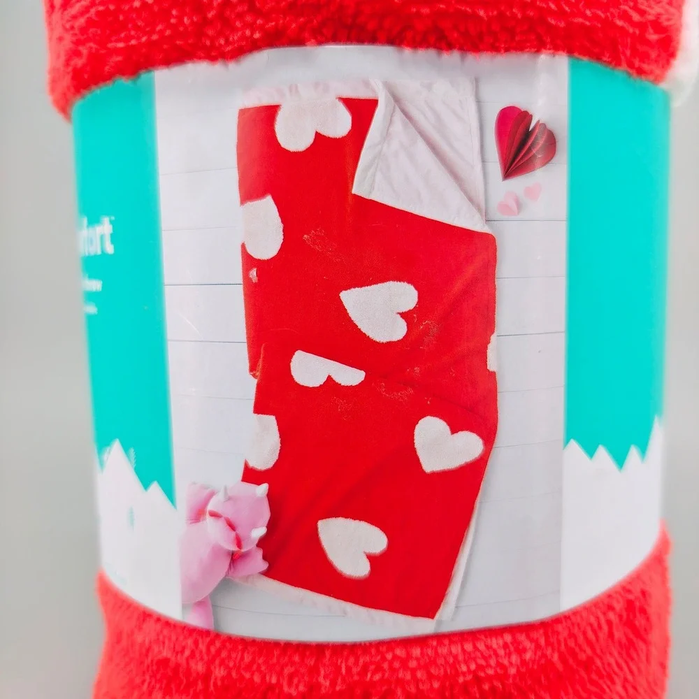 Pillowfort Chenille Throw Blanket Red White Hearts 50x60 Kids Bedding Soft New